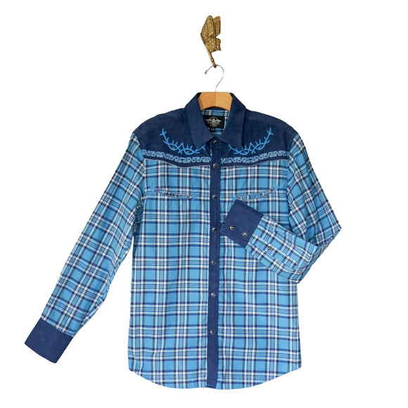 El General Men Embroidered Plaid Western Pearl Snap Button Shirt M Cowboy Rodeo - Picture 1 of 16